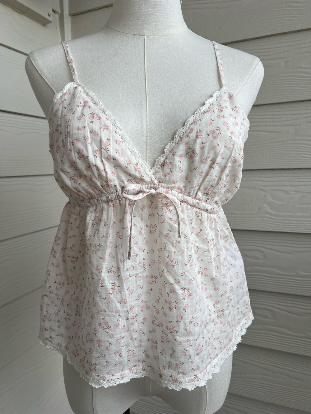 Cotton On White & Pink Floral Lace Trim Camisole